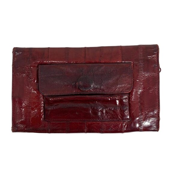 VTG Korean Genuine Eel Skin Trifold Wallet Checkbook Oxblood Red Magnetic Snap - Picture 2 of 11